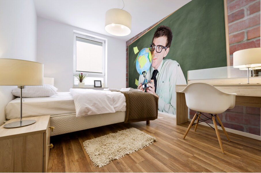Nerd man holding earth world globe in classroom Mural print