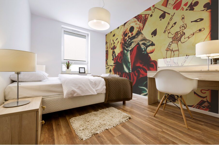 Evil clown doll on playing cards Mural print