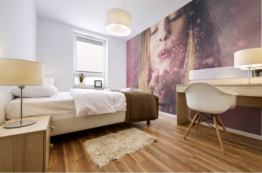 Valentine girl making wish kiss Mural print