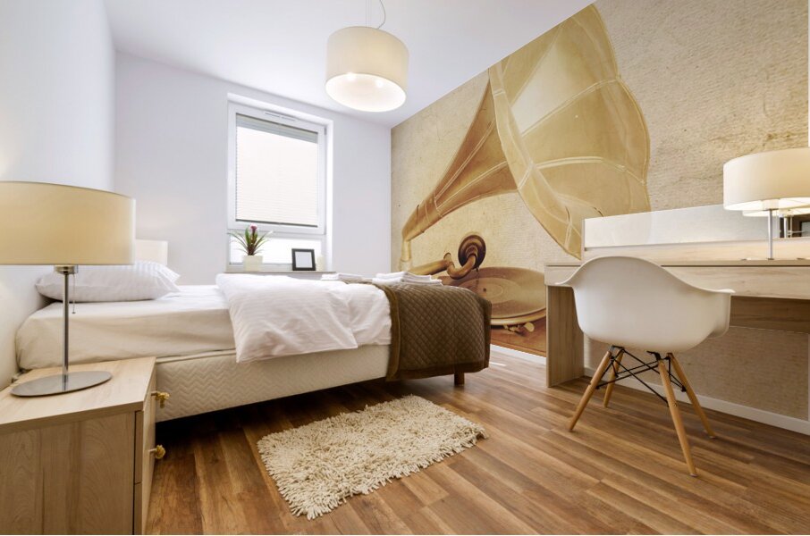 Old vintage gold gramophone photo. Classical sound Mural print