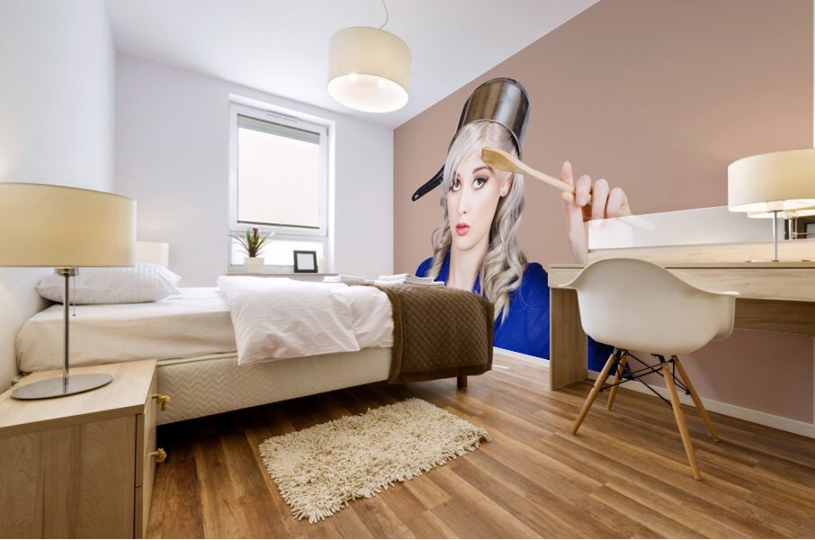 Funny pin up housewife saluting for cooking duties Mural print