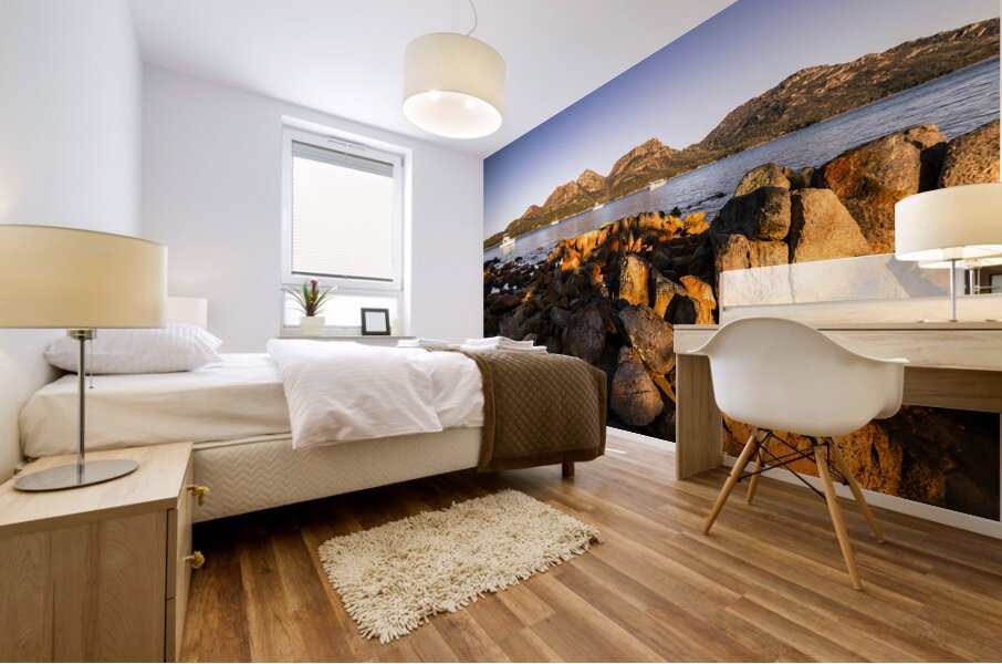 Golden rocky beachfront Mural print