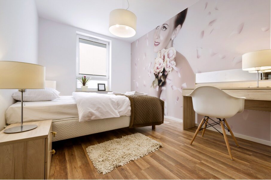 Beautiful Woman Holding Flowers At Vintage Wedding Mural print