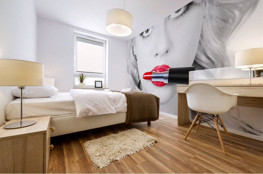 Make-up closeup. Cosmetic pinup girl in lip makeup Mural print