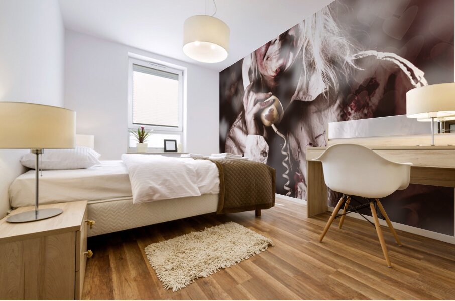 Zombie girl making phone call to dead valentine Mural print