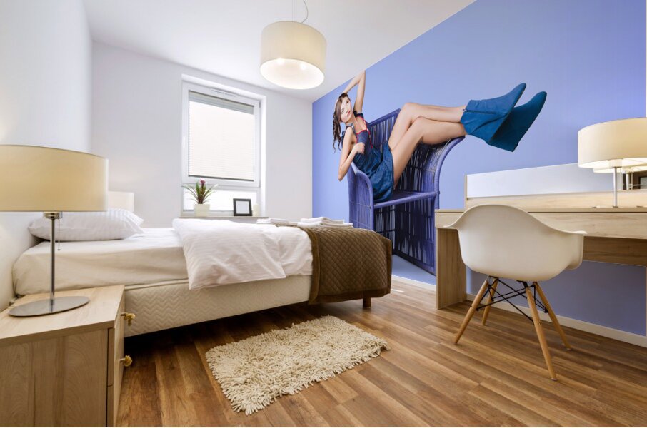 Full-length portrait. Lovely woman in denim dress Mural print