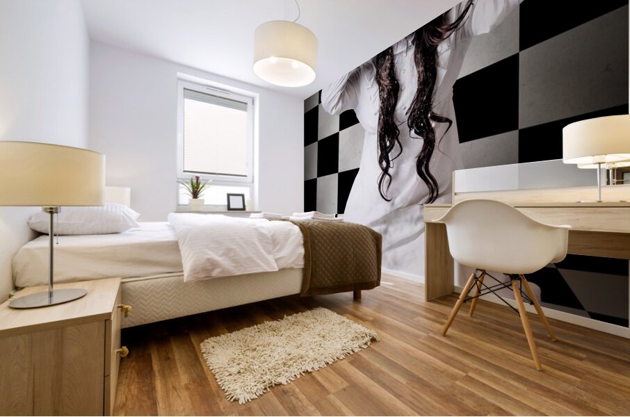 Retro girl crying over a glass of spilt milk Mural print