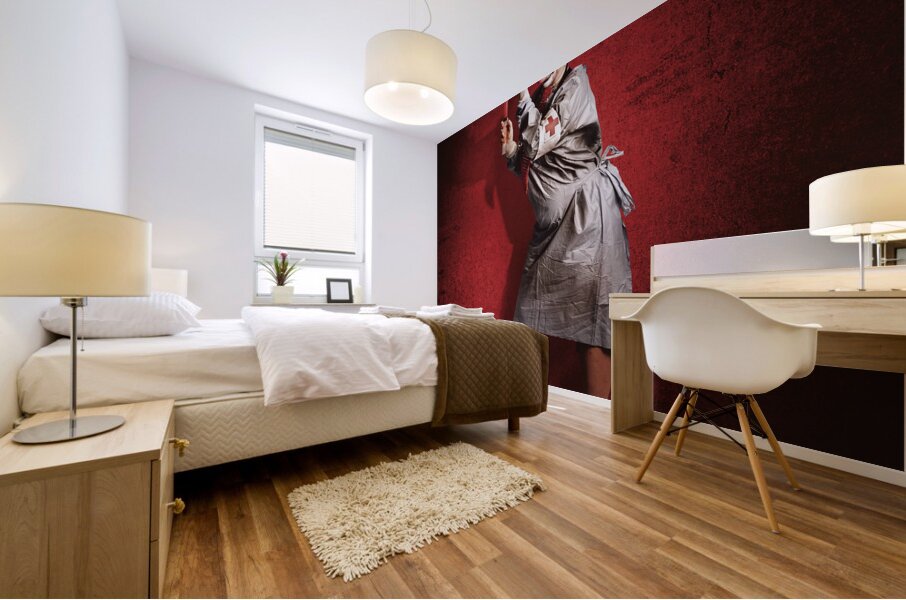 Scary clown doctor about to give jab with syringe Mural print