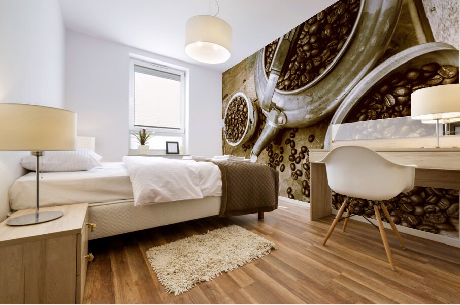 Roasted coffee beans in kettle and cup Mural print