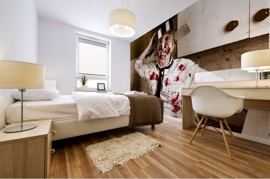 Funny zombie cook dancing in horror kitchen Mural print