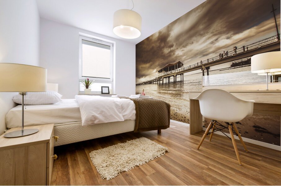 Woman walking dog on stormy beach Mural print