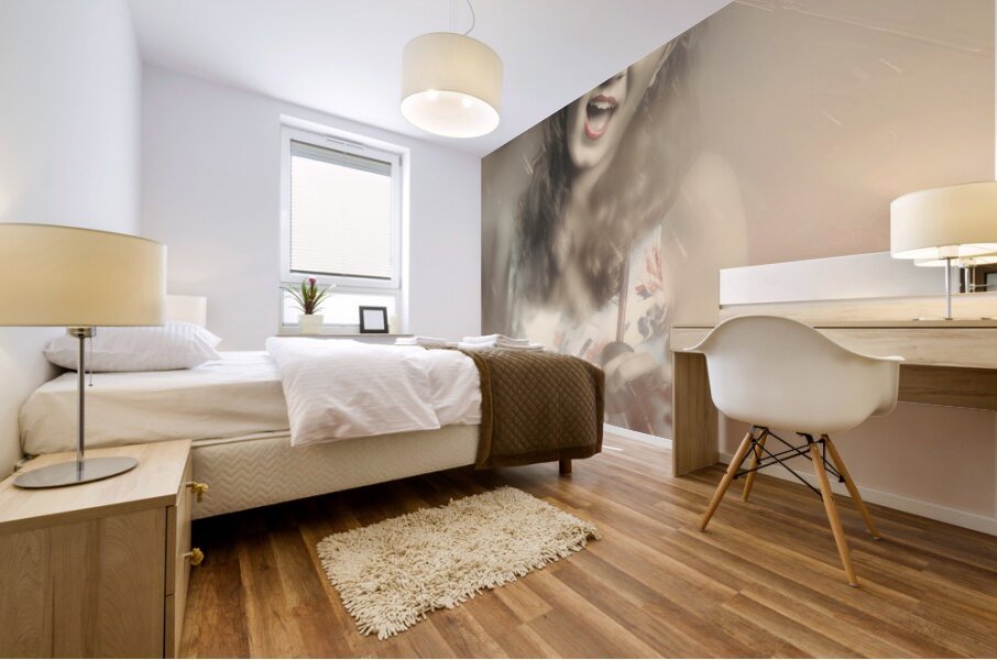 Pin-up woman dancing in a shower of rain Mural print