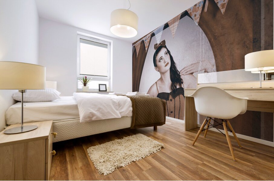 Vintage pinup girl inside a puppet show booth Mural print