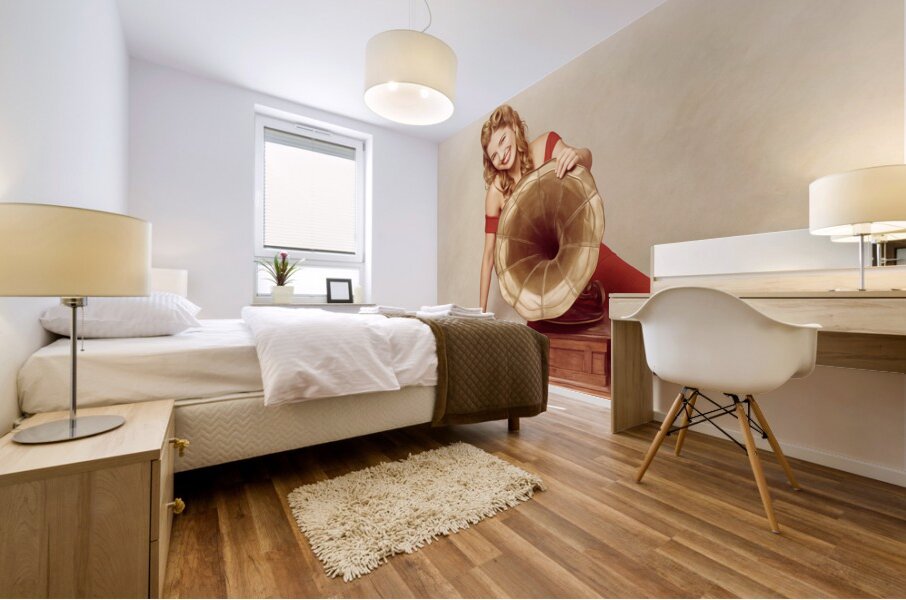 60s pin up girl with vintage record phonograph Mural print