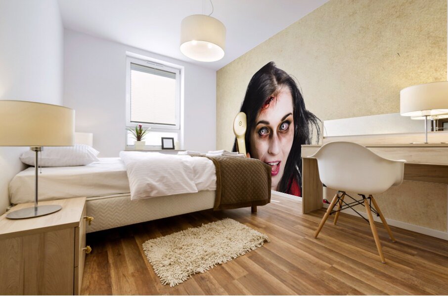 Funny zombie employee with dead phone line Mural print