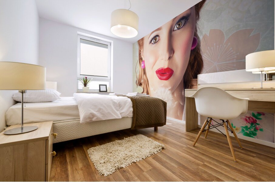 Spring Beauty. Beautiful Retro Girl Blowing Flower Mural print