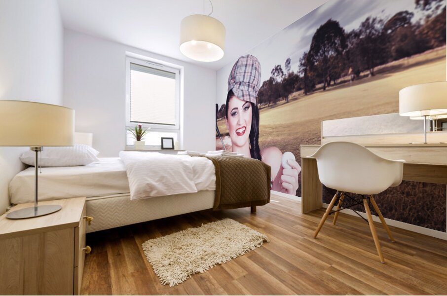 Portrait of a smiling retro female golfer Mural print