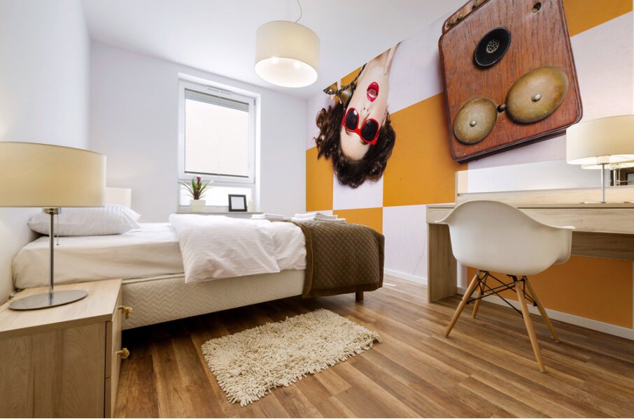 Pin-up beauty decision making on old phone Mural print