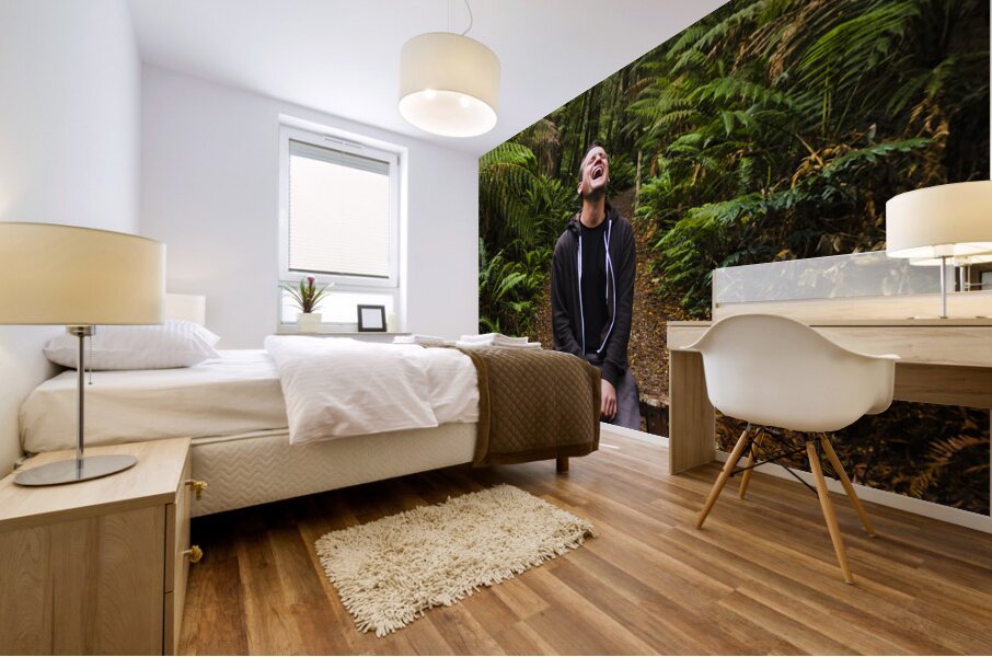 Travel man laughing in Tasmania rainforest Mural print