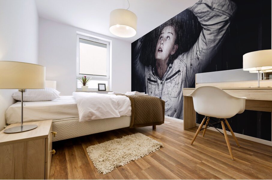 Woman checking weather forecast on tablet Mural print