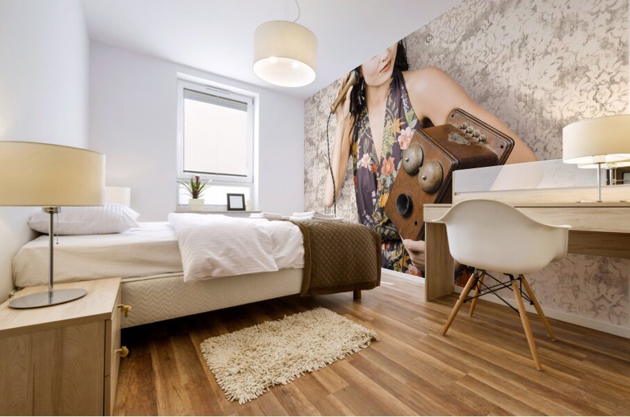 Cute housewife in 50s style on vintage phone Mural print