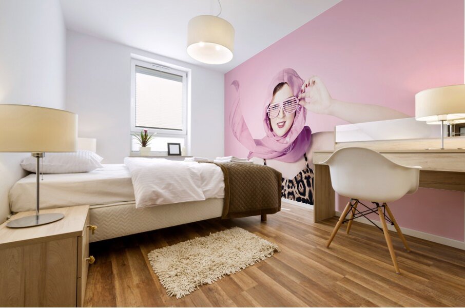 Beautiful retro girl in pink 1950 pinup fashion Mural print