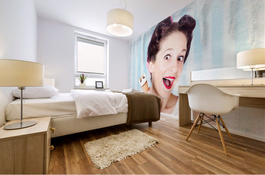 Cool pin-up woman in cold freezer with ice-cream Mural print