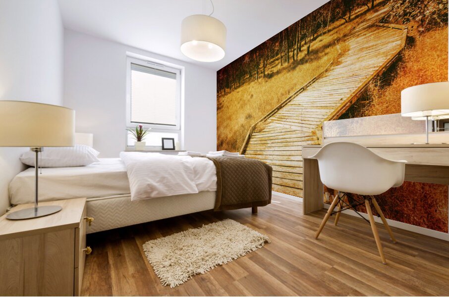 Boardwalk through vintage wetlands Mural print