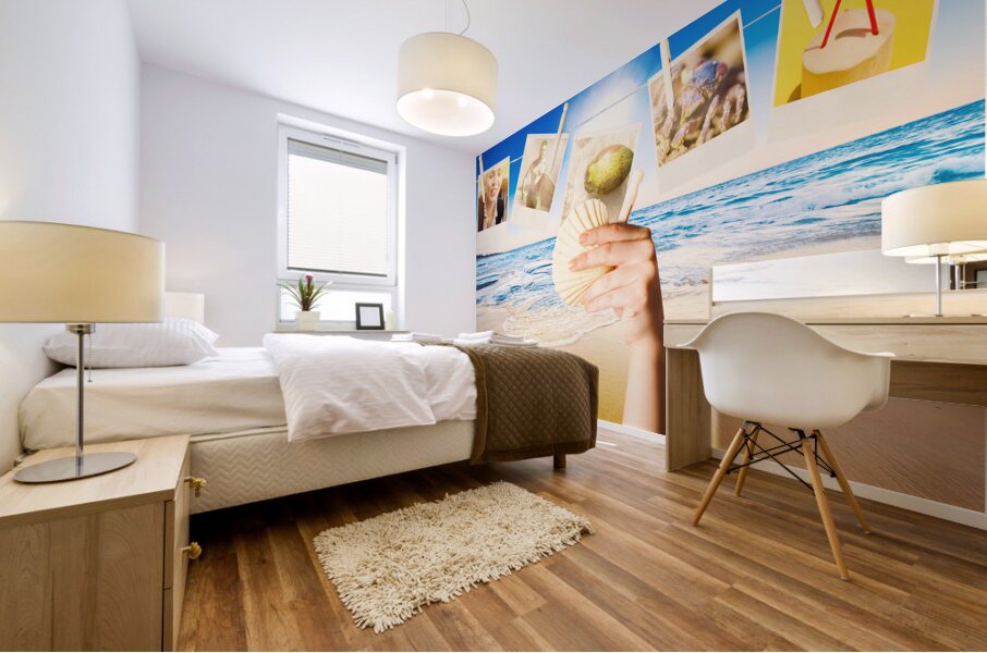 Vacation woman with photos from summer holiday Mural print