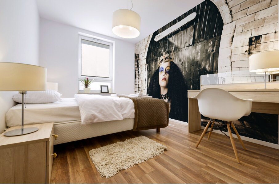 Fashion beauty princess sitting by castle door Mural print