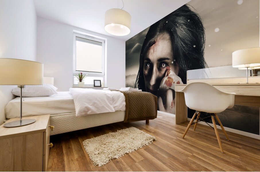 Grim face of horror crying tears of blood Mural print