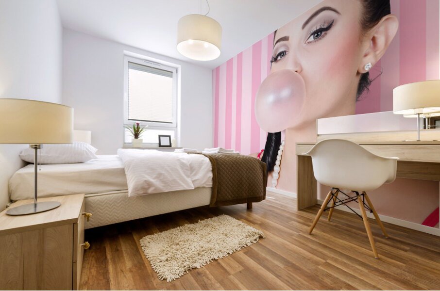 Cute candy store girl blowing chewing gum bubble Mural print