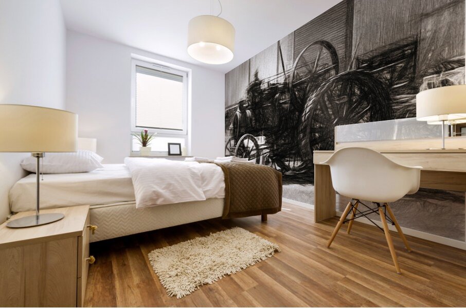 Vintage tractor drawing in industrialised 1900s Mural print