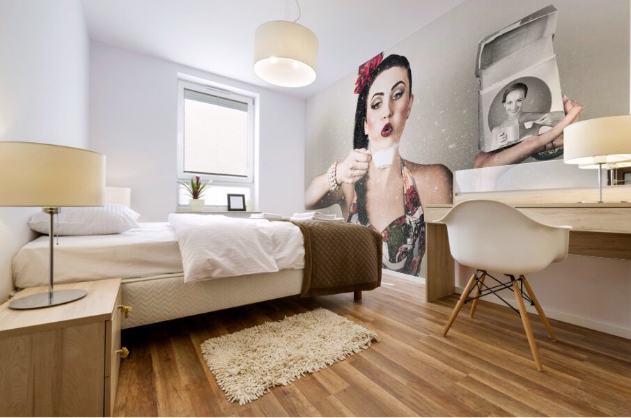 Retro pin up poster girl. Wash and clean service Mural print