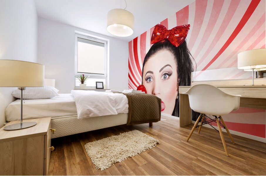 Happy young retro woman with lollipop toffee apple Mural print