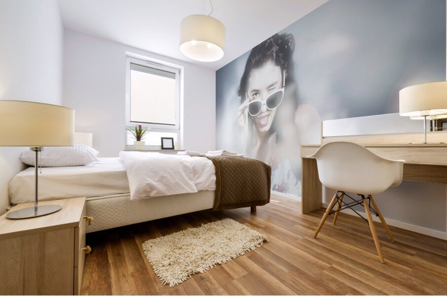 Classy sixties fashion girl in foggy field Mural print