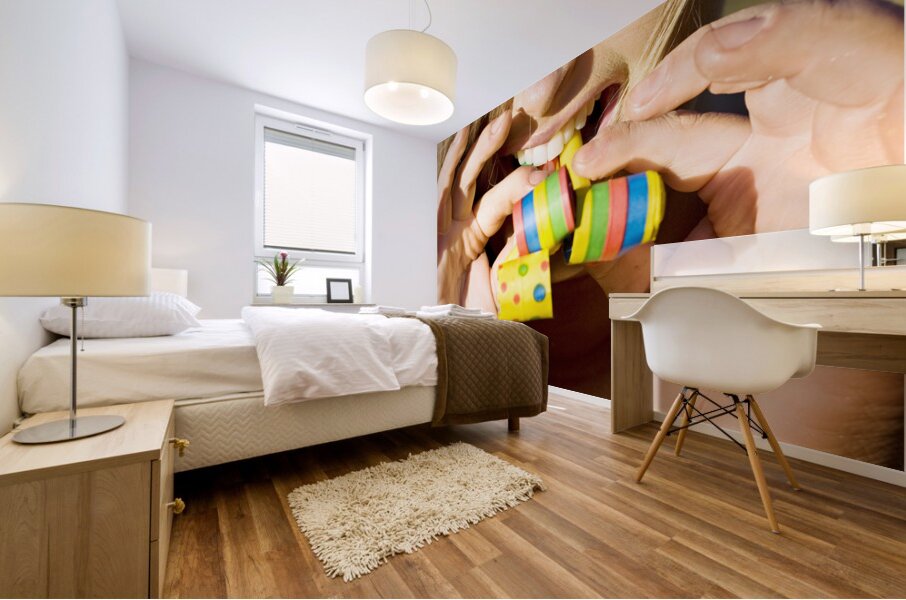 Woman Blowing Party Horns Mural print