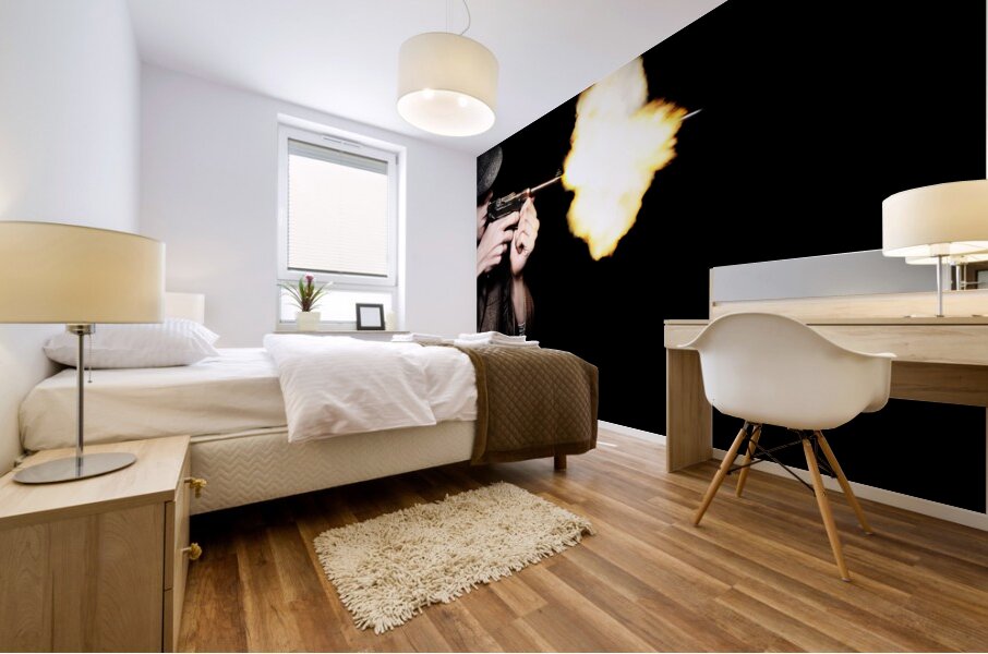 Vintage Gangster Man Shooting Gun On Black Mural print