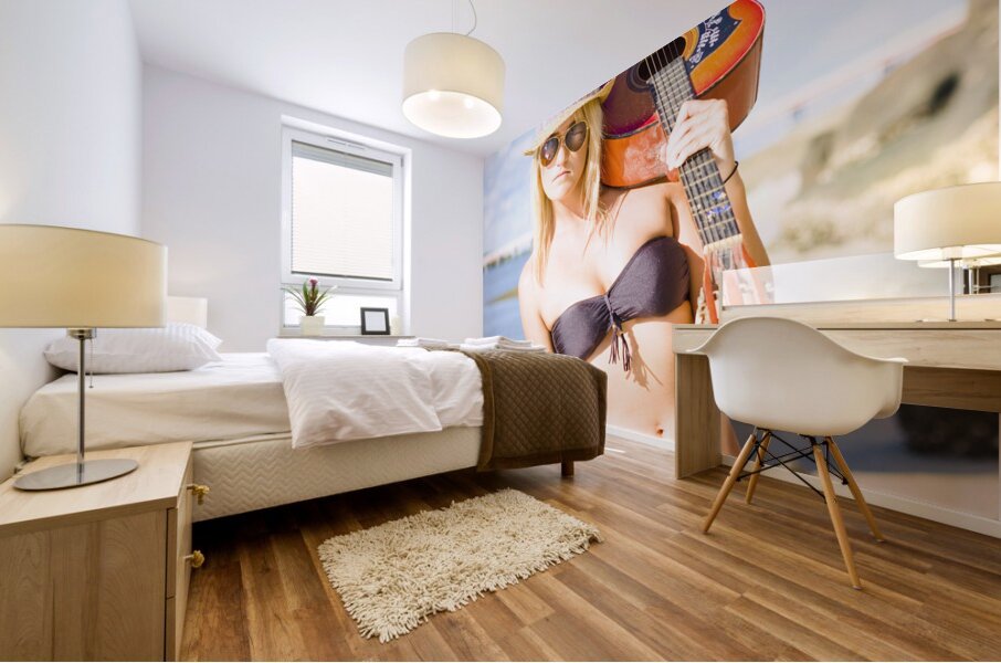 Sunset Busker Holding Guitar In Tropical Paradise Mural print