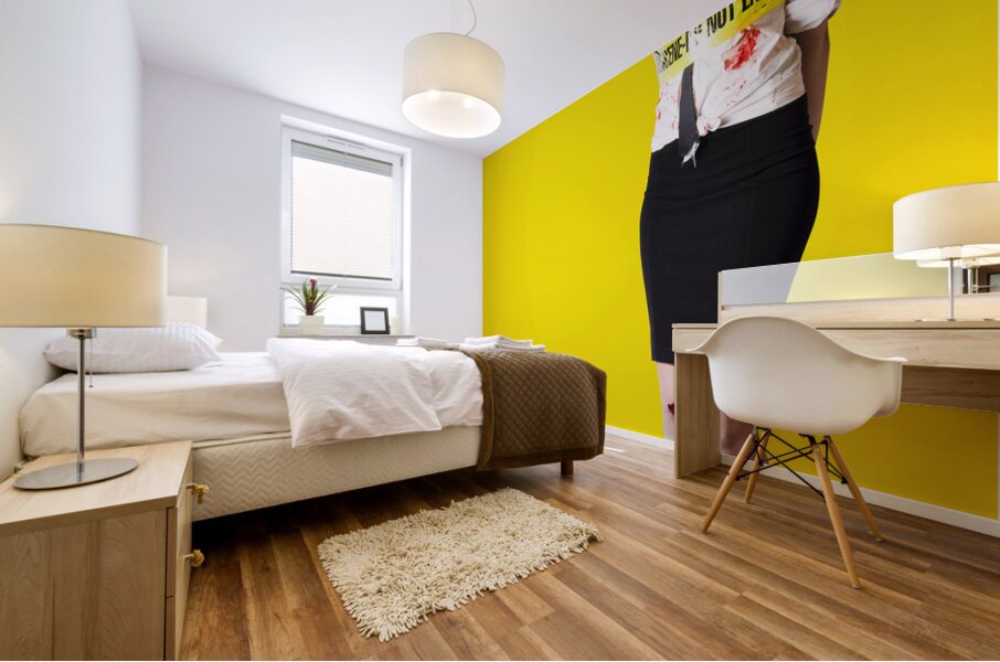 Creepy homicide girl standing undead on yellow Mural print