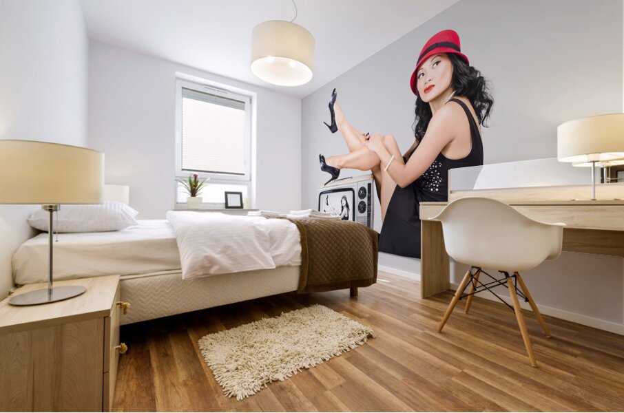 Lovely asian pinup girl posing on vintage tv set Mural print