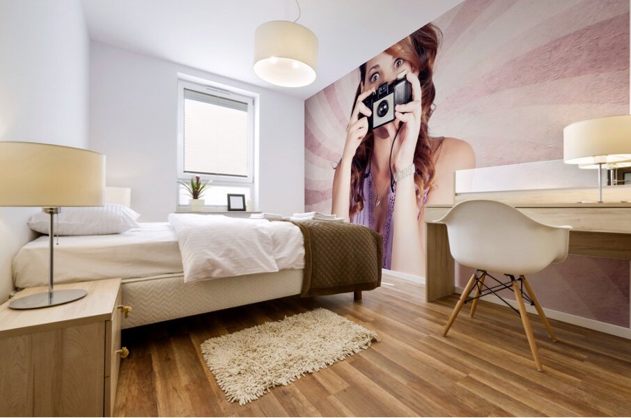 Pin-up Photographer Girl Taking Surprise Photo Mural print