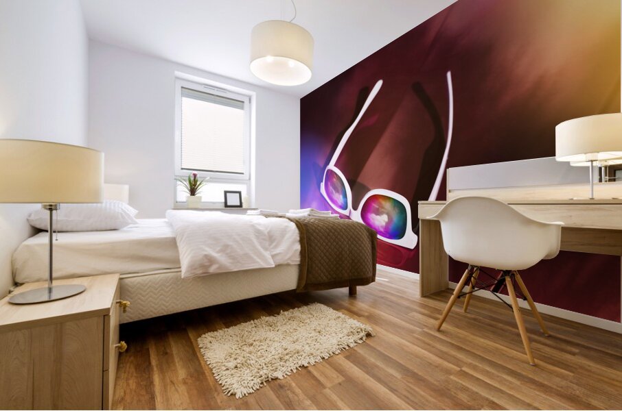 Sunglasses on car bonnet. 1980s road trip Mural print