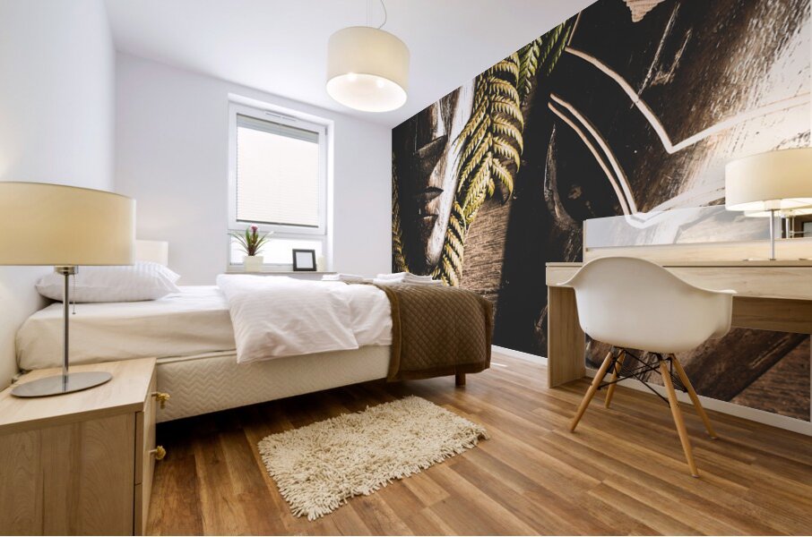 Tribal Masks With Ferns On Wooden Table Mural print