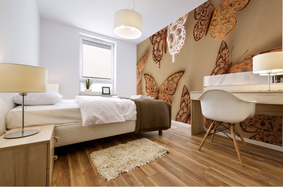 Golden butterflies adorning a soft beige wall Mural print