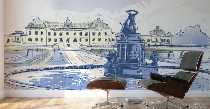 Drottningholms Slott royal palace and fountain Illustration Wall Murals