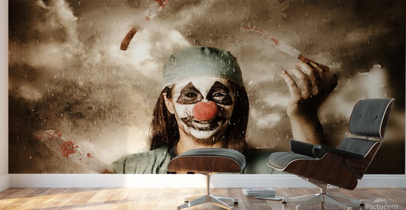 Evil surgeon clown juggling bloody knives outside Wall Murals