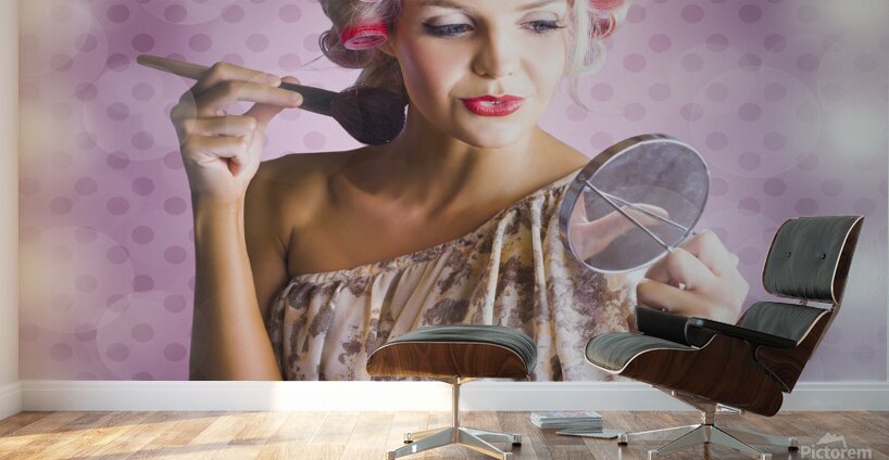 Beautiful Retro Woman Applying Makeup Cosmetics Wall Murals