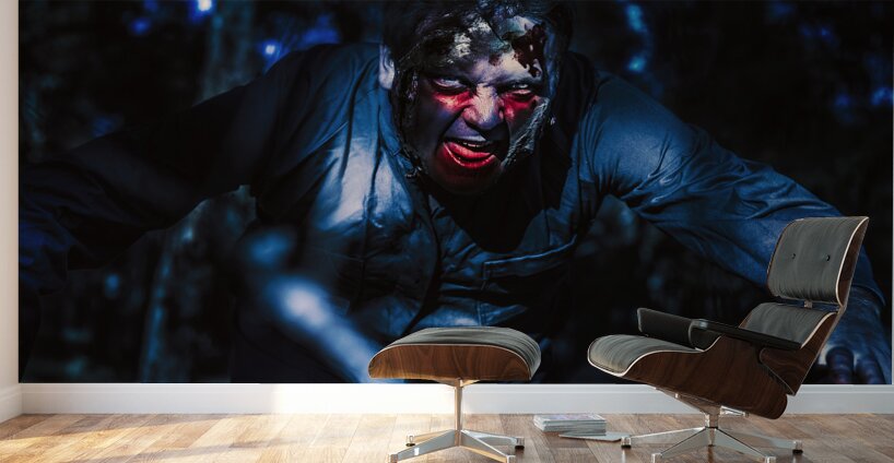 Evil zombie man creeping though black shadows Wall Murals