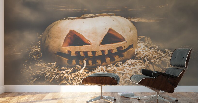 Rustic barn pumpkin head in horror fog Wall Murals